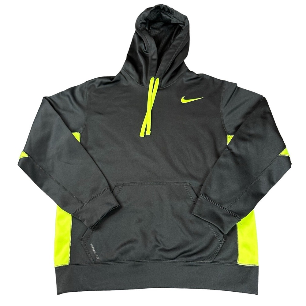NIKE Therma-FIT Men's Medium Black Neon Pullover‎ Hoodie Sweatshirt Pockets